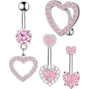 Nipple Ring and Belly Button Ring Set 14G Stainless Steel Sparkly Pink CZ Heart